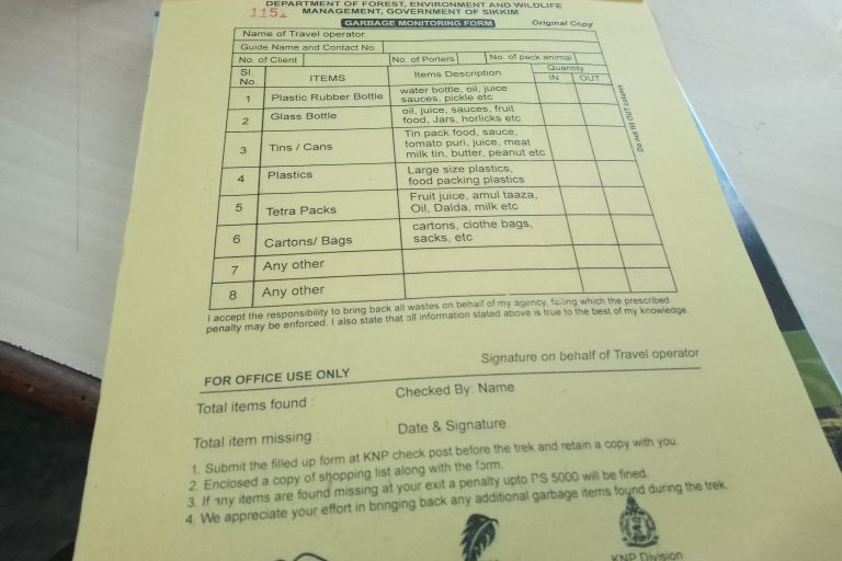 A garbage monitoring form is given to each tourist on entry to the Khangchendzonga National Park to monitor waste generation.